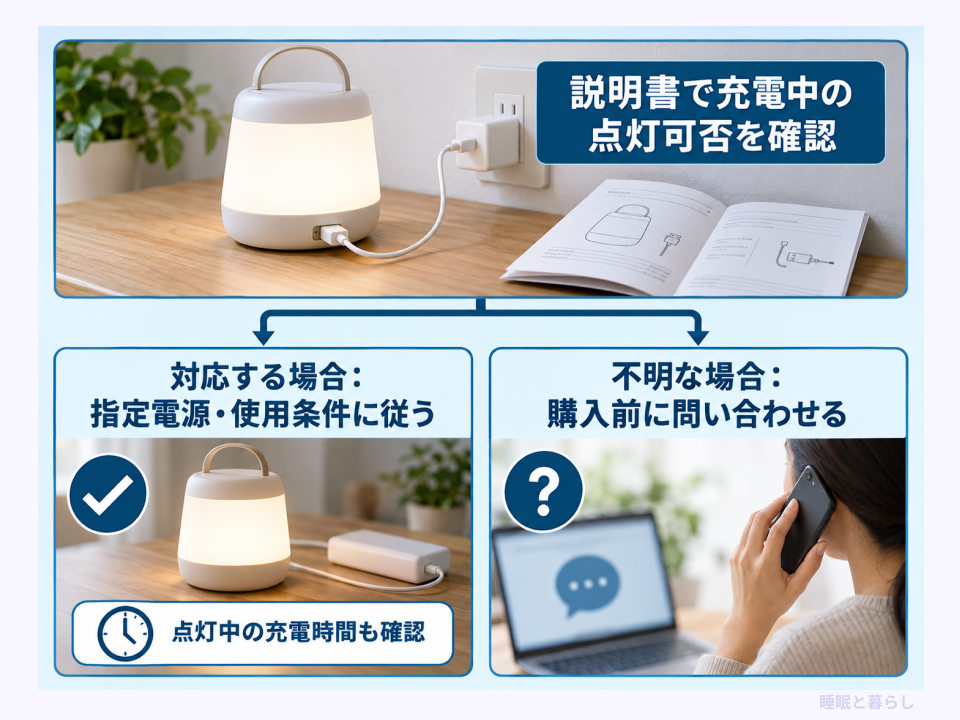 充電中の点灯可否を説明書で調べ、対応条件や問い合わせ先を確認する流れ