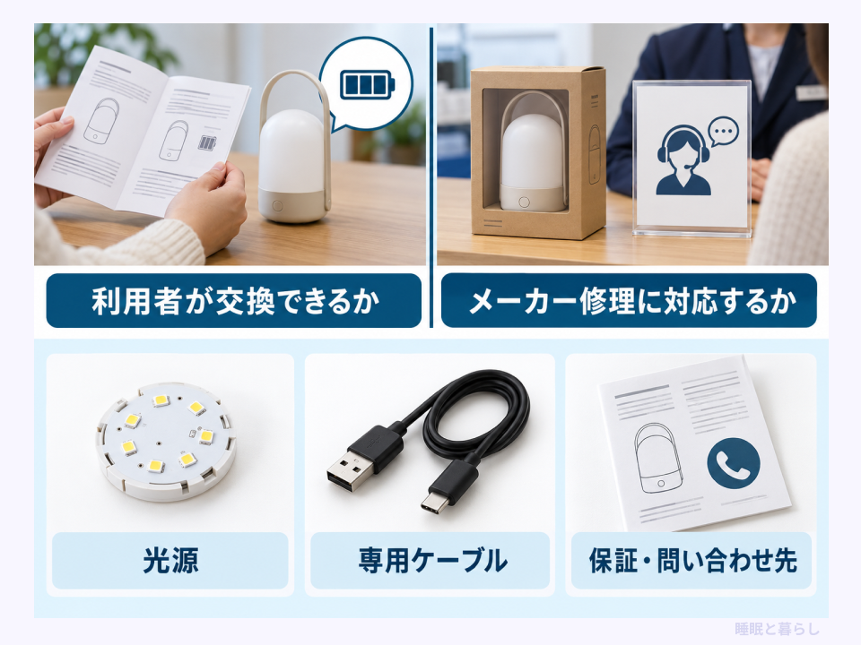 充電式ライトの利用者による交換、メーカー修理、光源・ケーブル・保証の確認