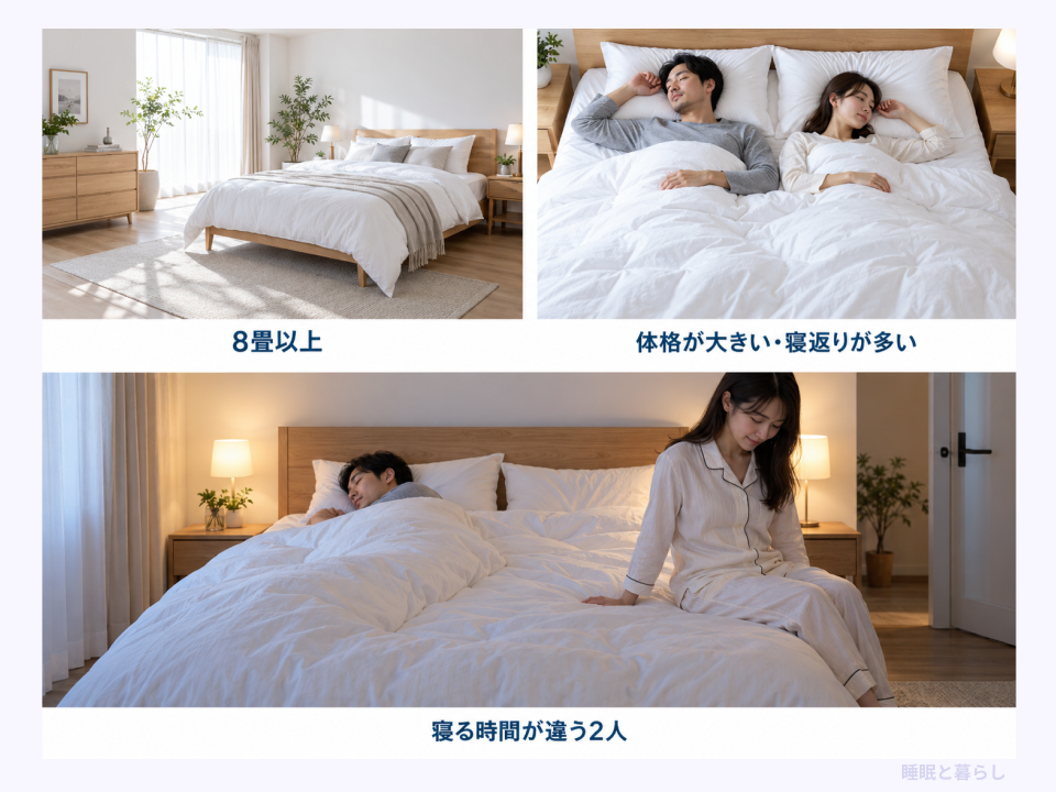 8畳以上、寝返りや体格、寝る時間の違いからクイーンの向く人を示した写真