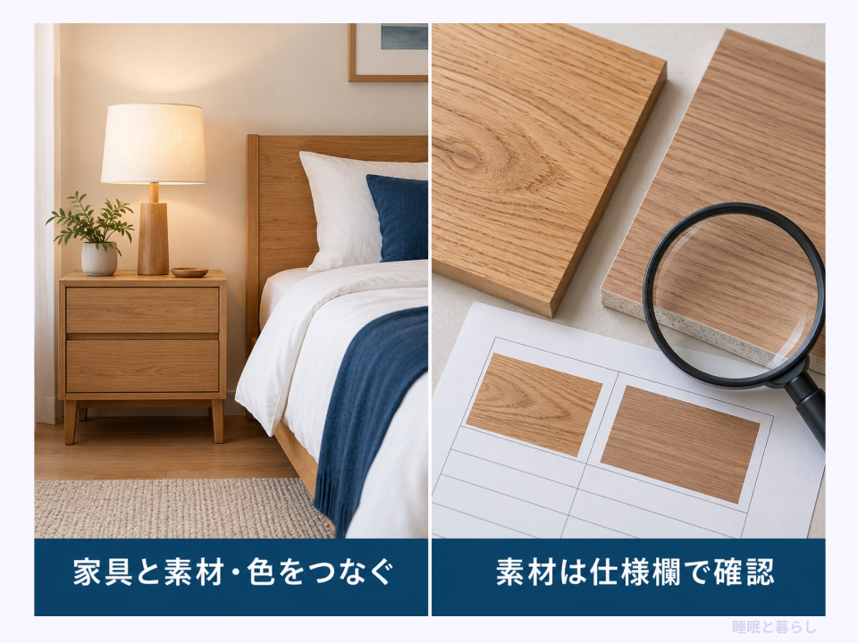 寝室の家具と照明の素材や色を合わせ仕様欄で素材を確認する例