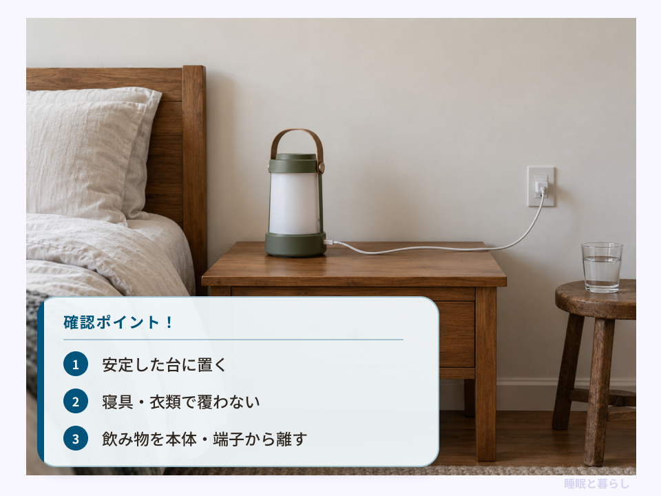安定した台、寝具、飲み物と充電端子の位置関係