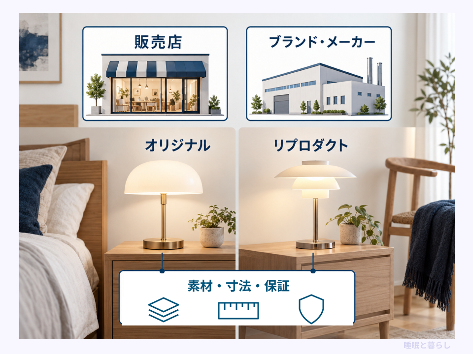 販売店とブランドやメーカーを区別しオリジナルとリプロダクトの仕様を比較する図