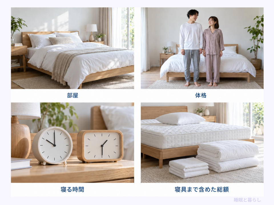 部屋、体格、寝る時間、寝具を含めた総額を写真で整理したベッド選びの確認点