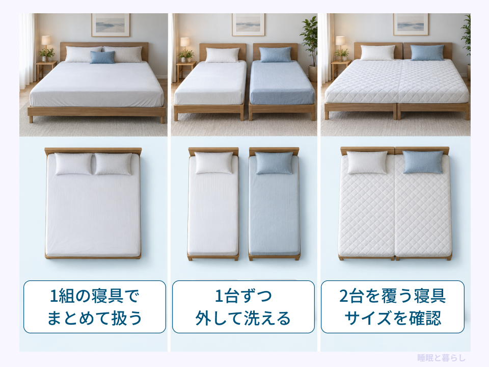 寝具を1組で扱う方法、1台ずつ洗う方法、2台をまとめて覆う方法の比較図