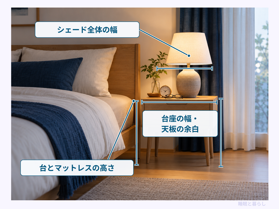 シェードと天板の幅、台とマットレスの高さを測る箇所を示した図