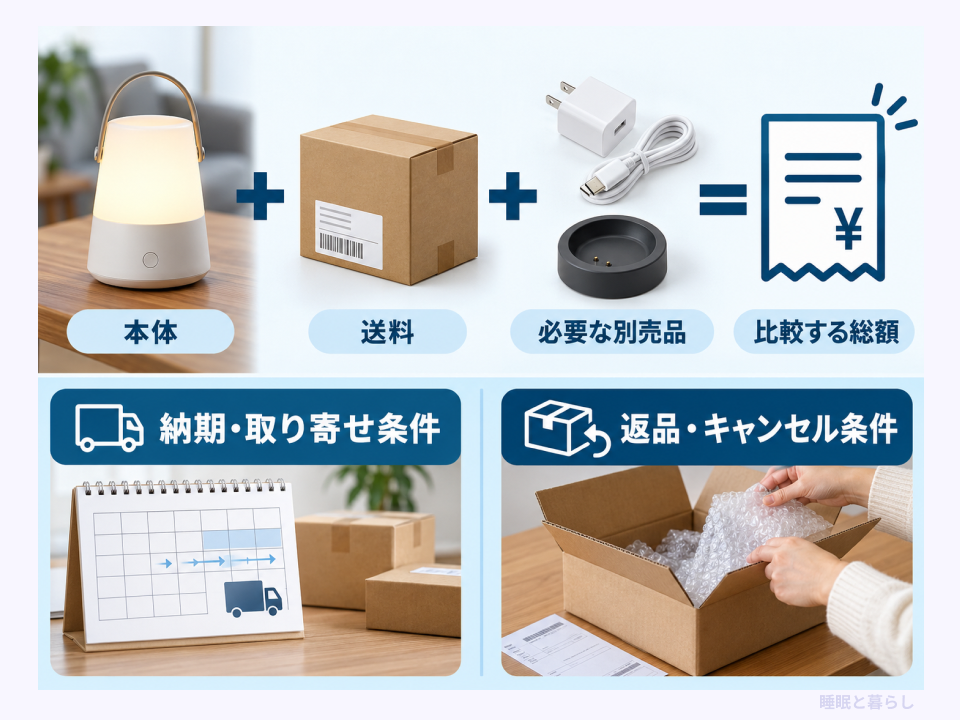 コードレスライトの本体・送料・別売品を含む総額と購入条件