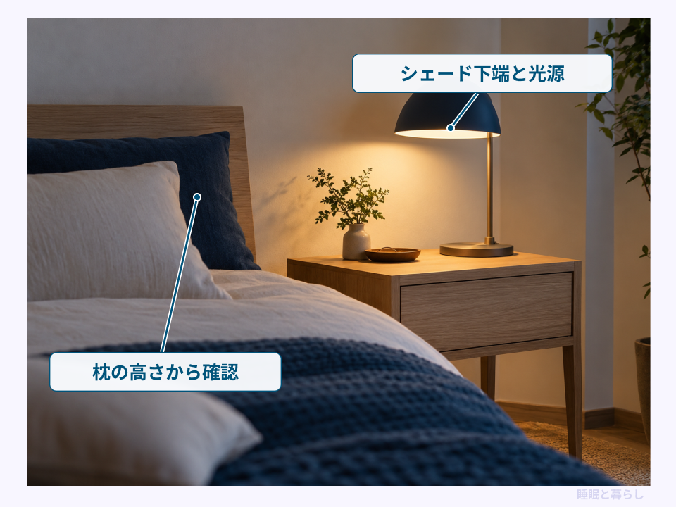 枕の高さからシェードの下端と光源の見え方を確認する例