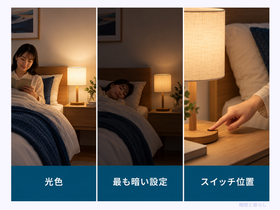 ランプの光色、最も暗い設定、スイッチの位置を確認する三つの場面