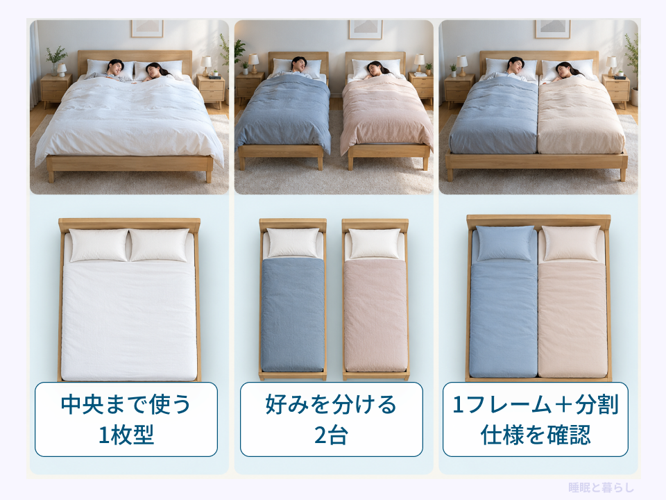 中央まで使う1枚型、好みを分ける2台、1フレームと分割マットレスの比較図