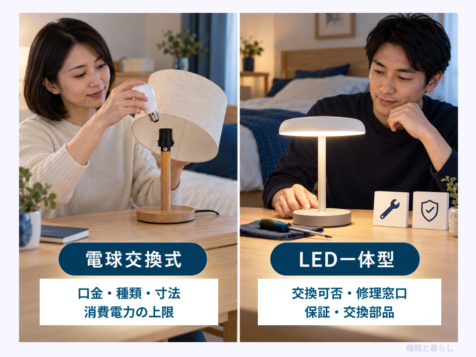 電球交換式の適合条件とLED一体型の交換可否や修理対応を比較した図