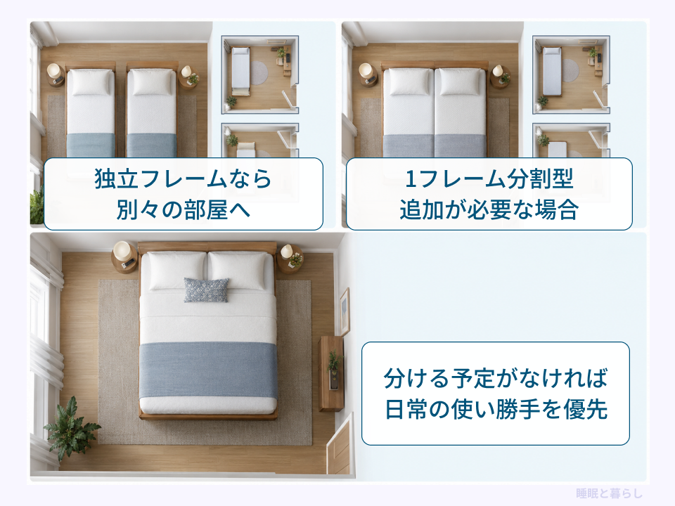 独立フレームを別室で使う方法と、分割マットレスのフレーム追加を確認する図
