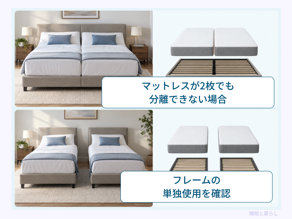 マットレス2枚とフレーム1台の構成、2台を単独使用する構成の比較図