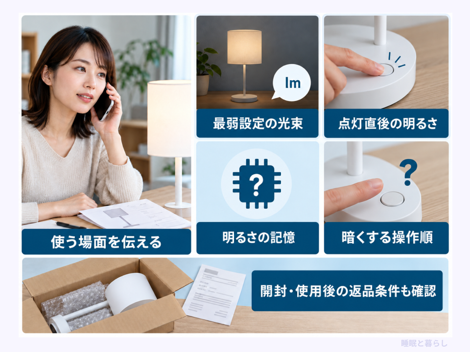 販売店へ伝える使い方と最弱光束・点灯時の明るさ・記憶・操作順の確認