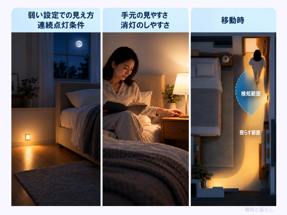 常夜灯、就寝前、夜間移動で確認する点灯条件・操作・照射範囲と検知範囲
