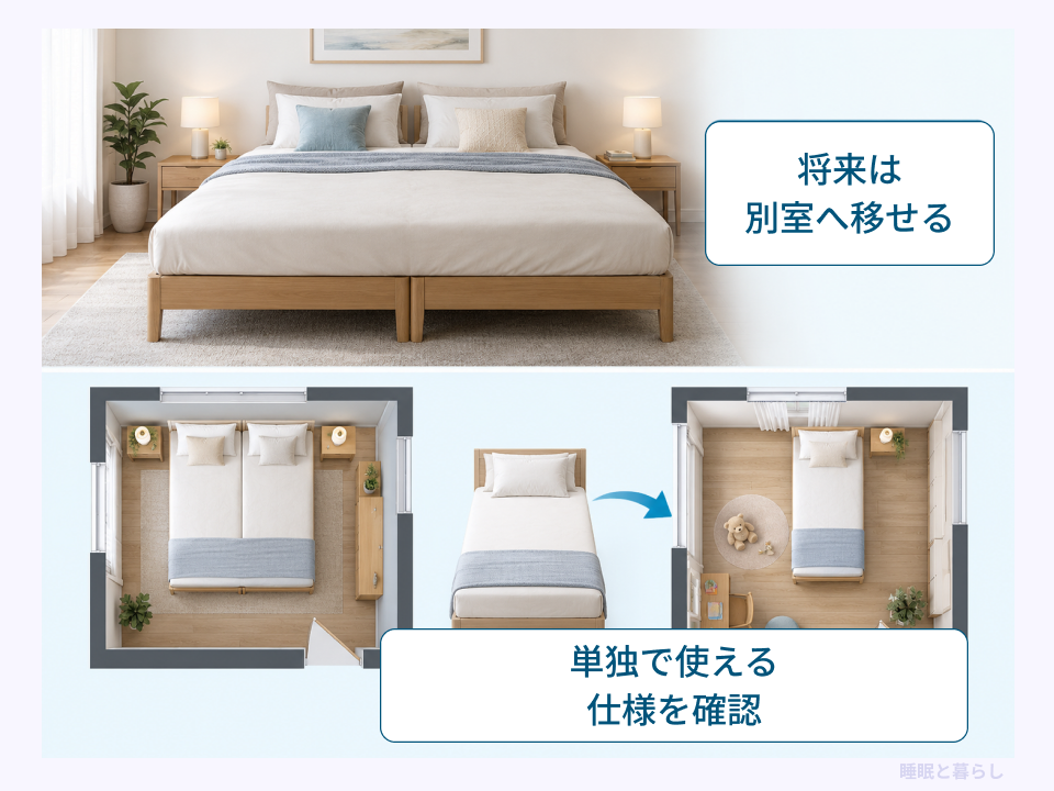 並べたベッドを将来別室へ移し、単独使用できる仕様を確認する図