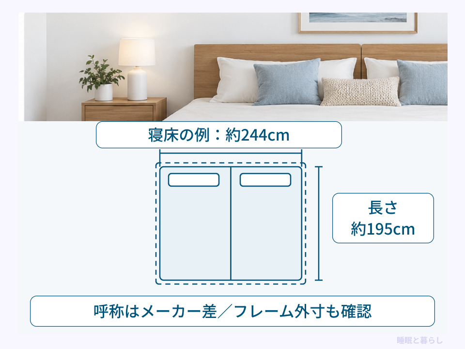 セミダブル2台の寝床約244×195cmの例と、メーカーの呼称や外寸の確認を示した図