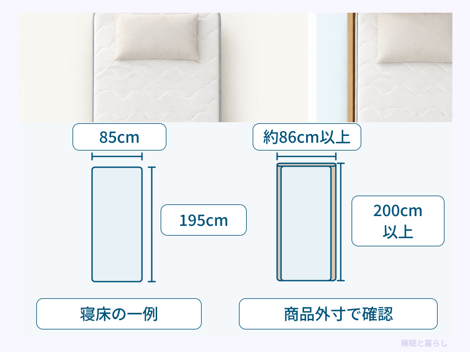 寝床85×195cmの例と、フレーム外寸約86cm以上×200cm以上を区別する寸法図