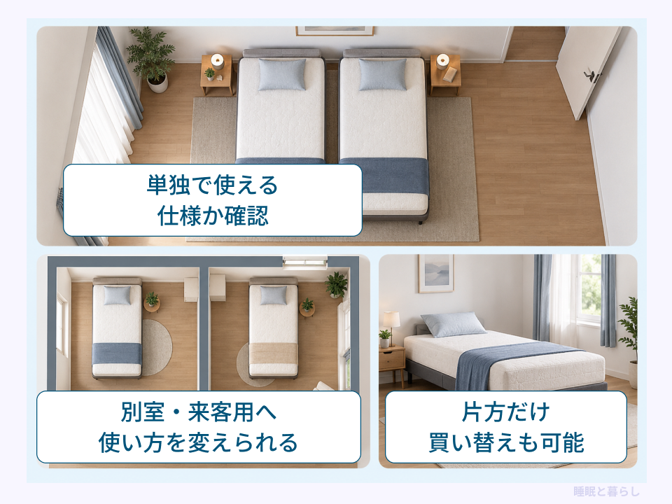 ベッド2台を別室や来客用へ変更し、片方だけ買い替える使い方を示した図
