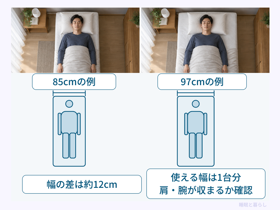 幅85cmと97cmの寝床を同じ体格の人で比べ、約12cmの差を示した図