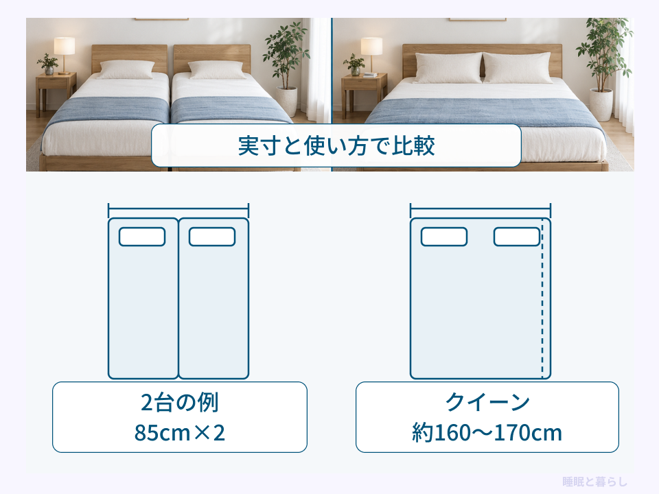 セミシングル85cmを2台並べた例とクイーン160〜170cmを同じ尺度で比べる図