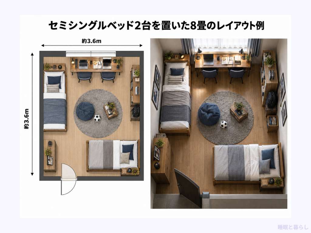 セミシングルベッド2台を置いた8畳のレイアウト例