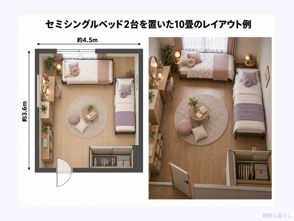 セミシングルベッド2台を置いた10畳のレイアウト例
