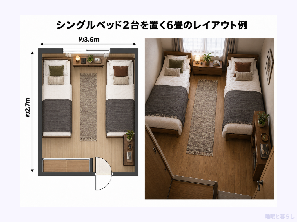 シングルベッド2台を置く6畳のレイアウト例