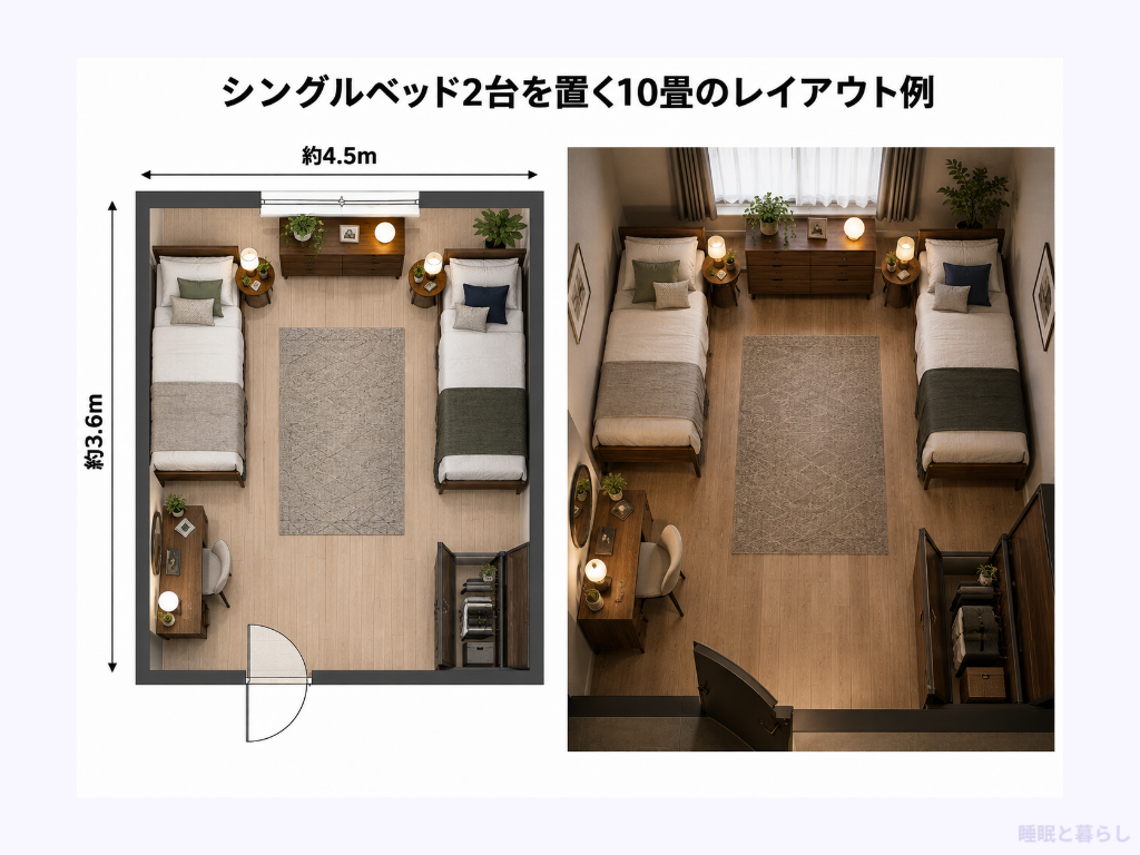 シングルベッド2台を置く10畳のレイアウト例