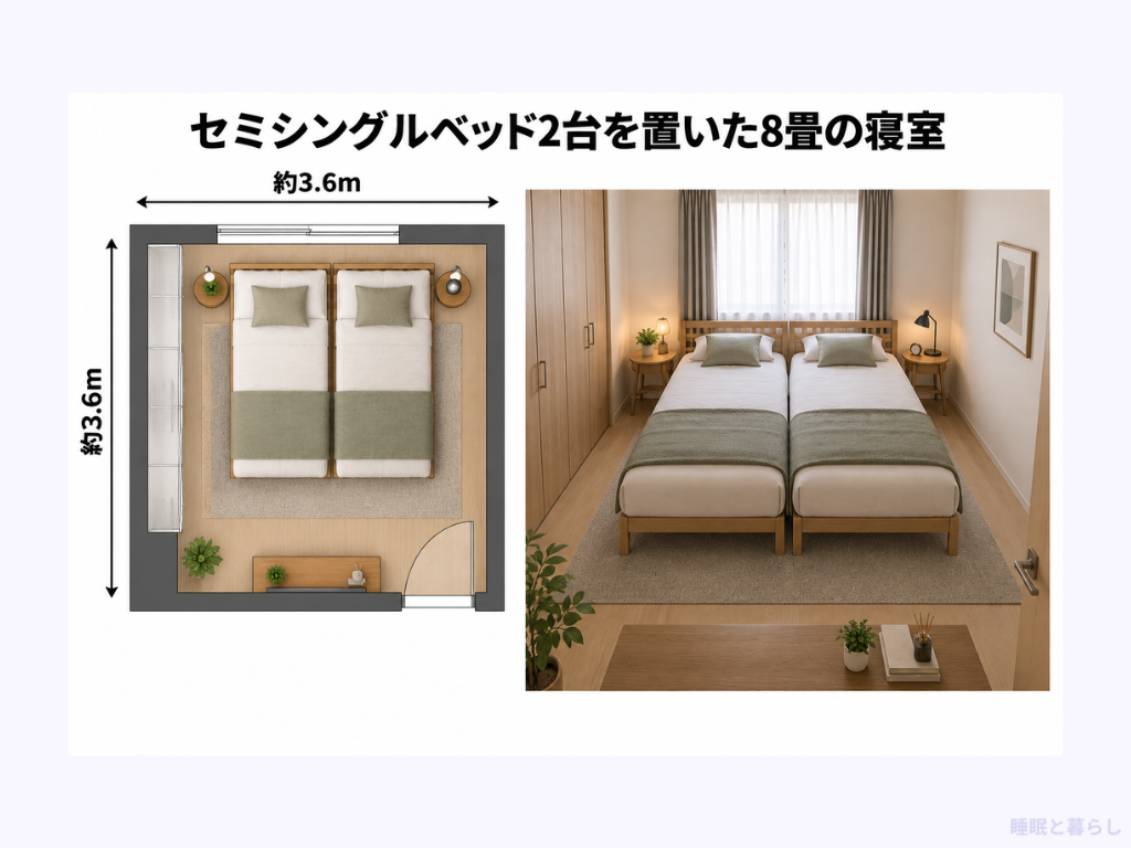 セミシングルベッド2台を置いた8畳の寝室