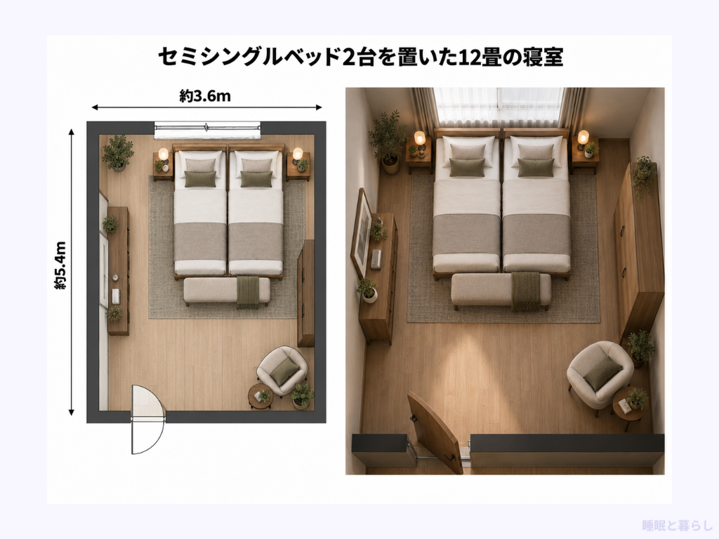 セミシングルベッド2台を置いた12畳の寝室