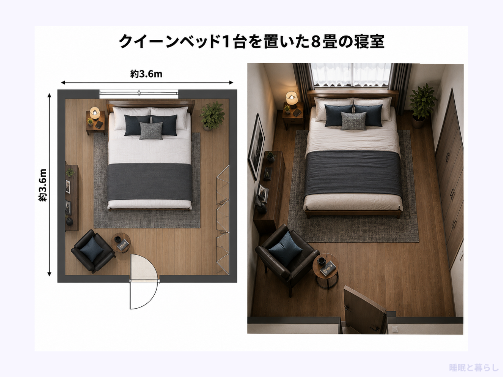 クイーンベッド1台を置いた8畳の寝室