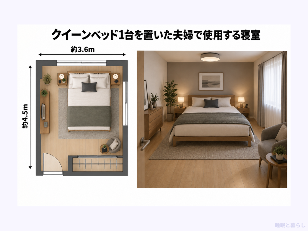 クイーンベッド1台を置いた夫婦で使用する寝室