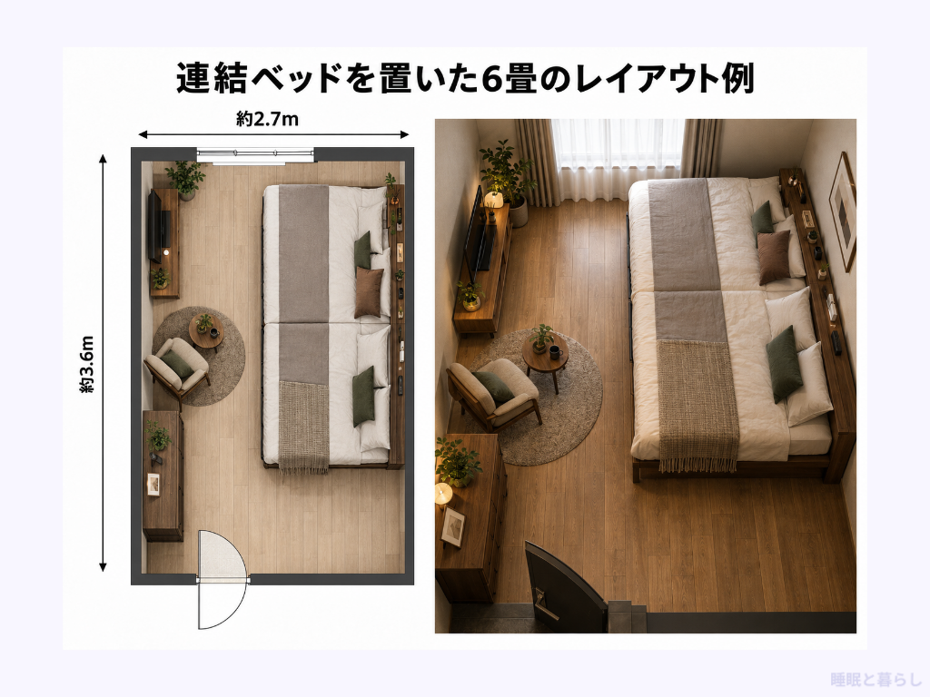 連結ベッドを置いた6畳のレイアウト例