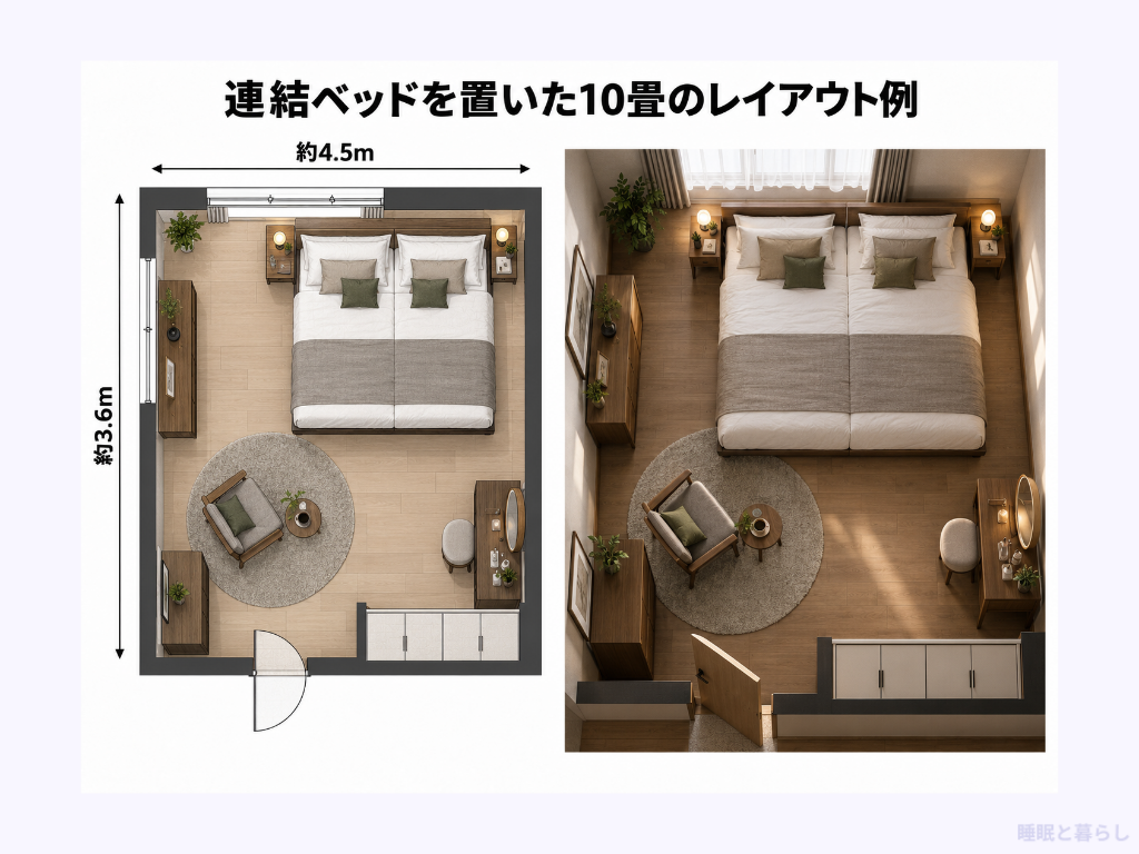 連結ベッドを置いた10畳のレイアウト例