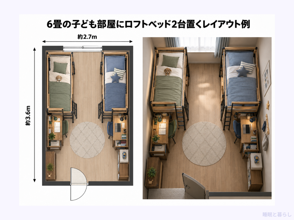 6畳の子ども部屋に2台置くレイアウト例