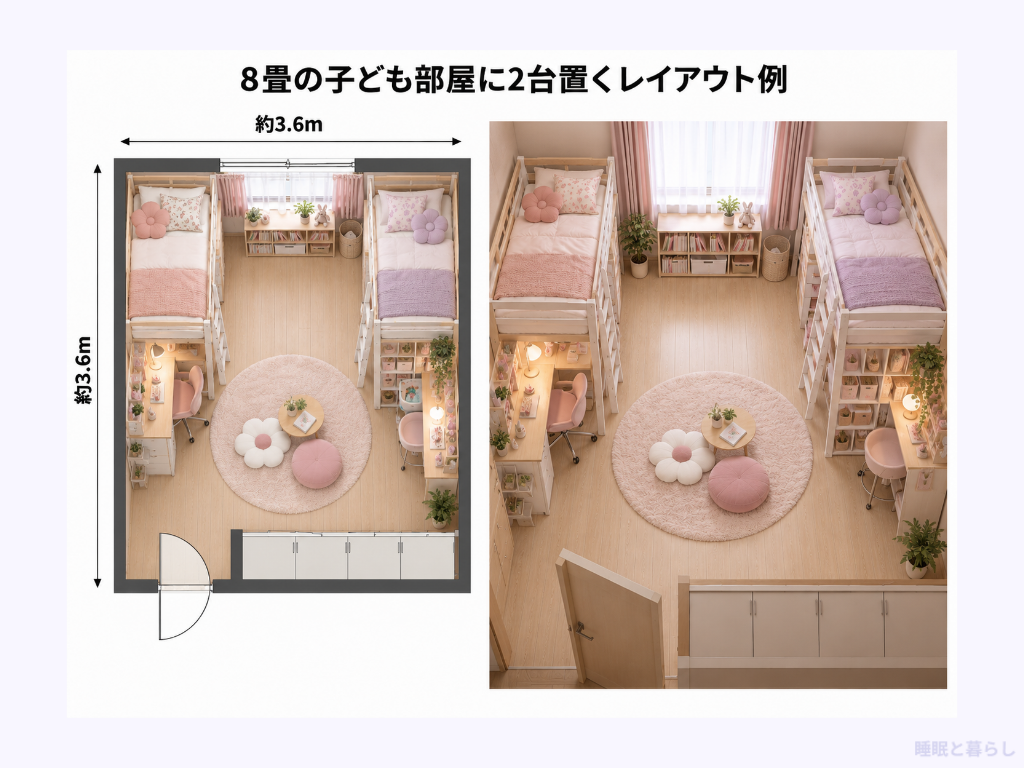 8畳の子ども部屋に2台置くレイアウト例