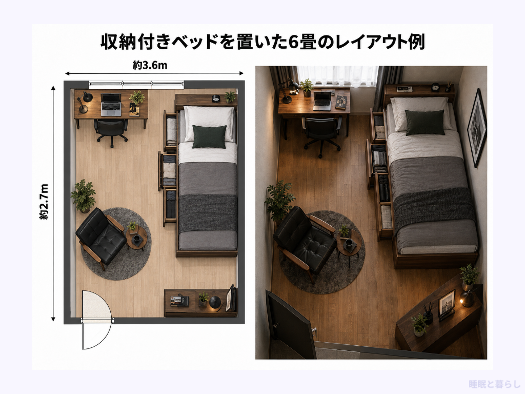 収納付きベッドを置いた6畳のレイアウト例