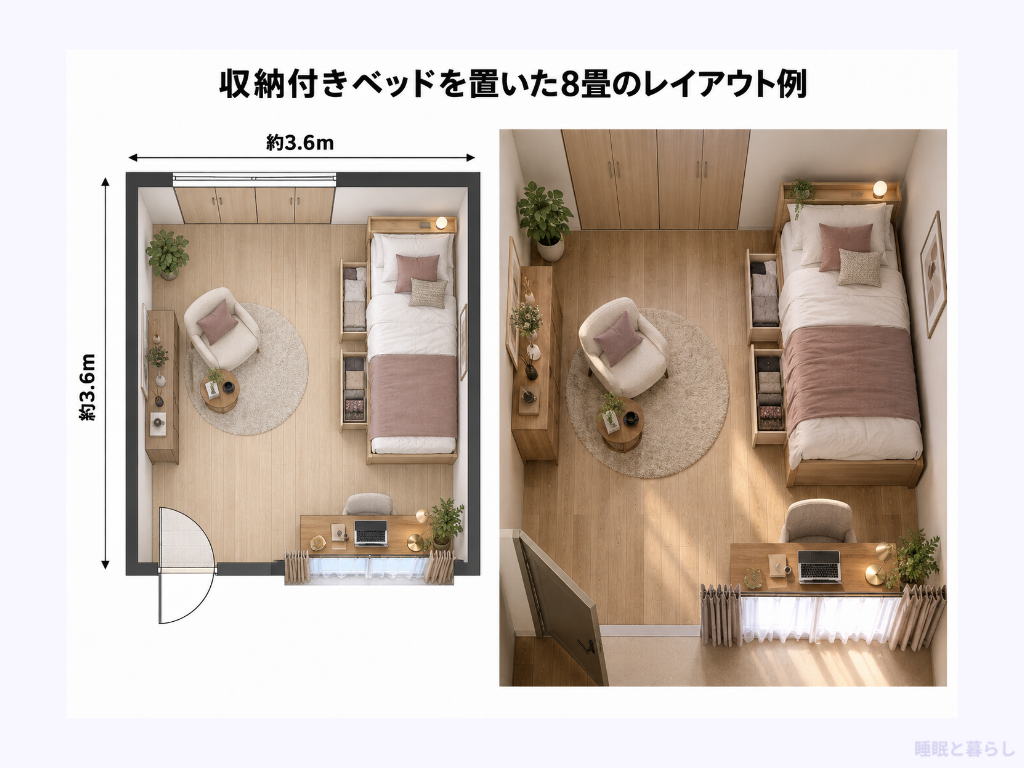 収納付きベッドを置いた8畳のレイアウト例