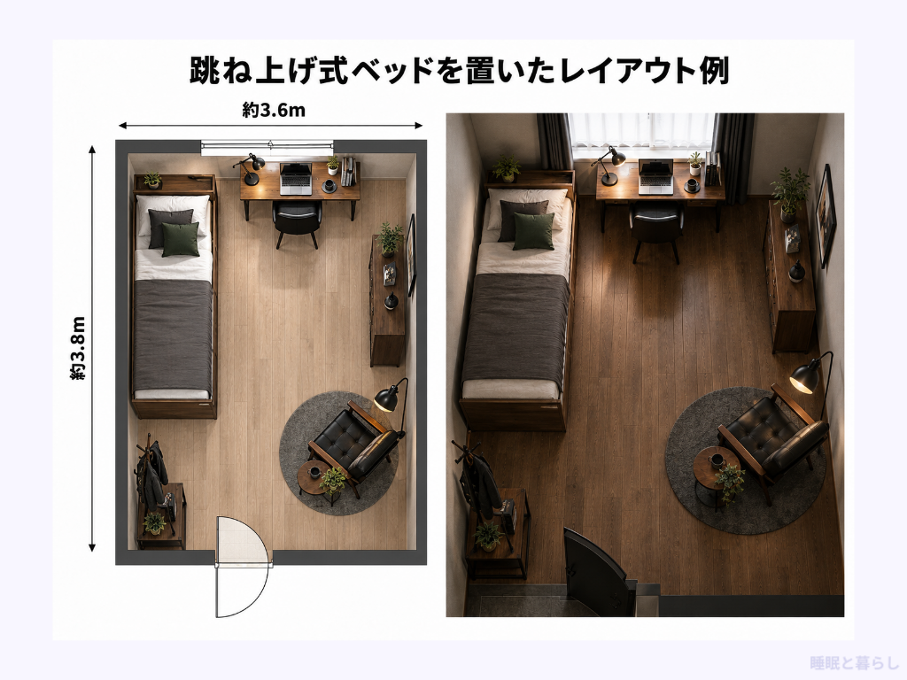 跳ね上げ式ベッドを置いたレイアウト例