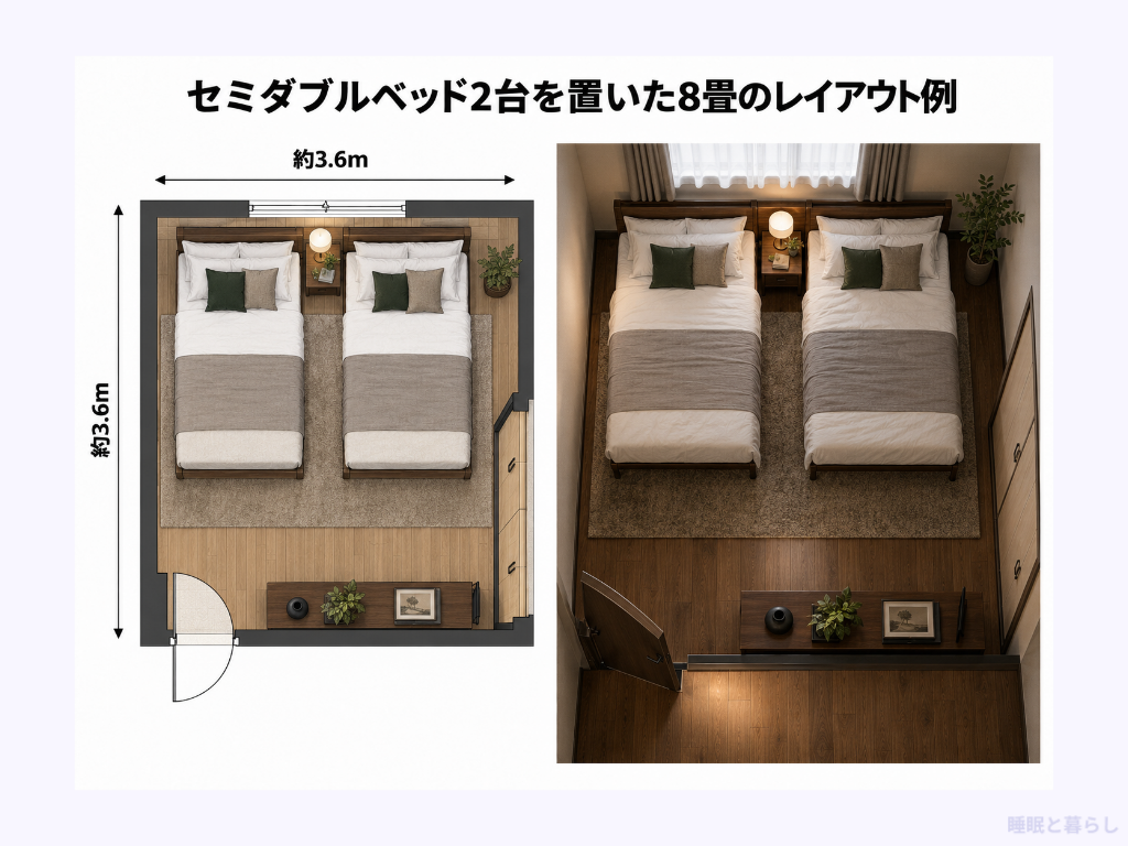 セミダブルベッド2台を置いた8畳のレイアウト例