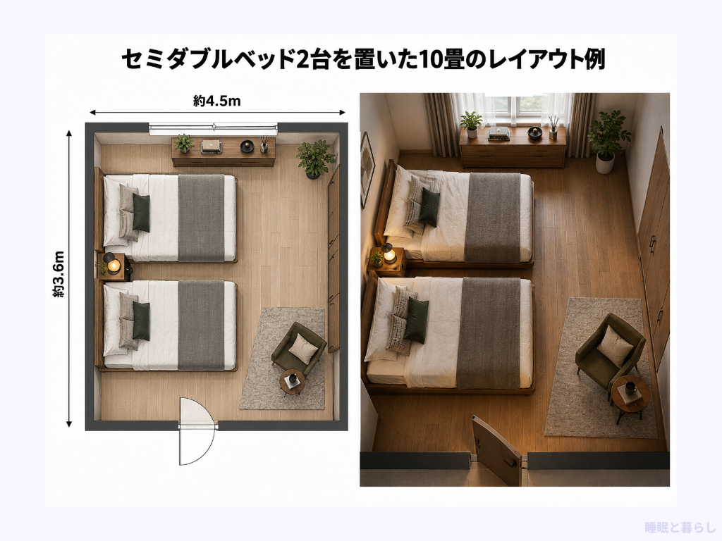 セミダブルベッド2台を置いた10畳のレイアウト例