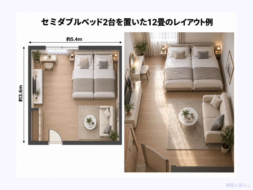 セミダブルベッド2台を置いた12畳のレイアウト例