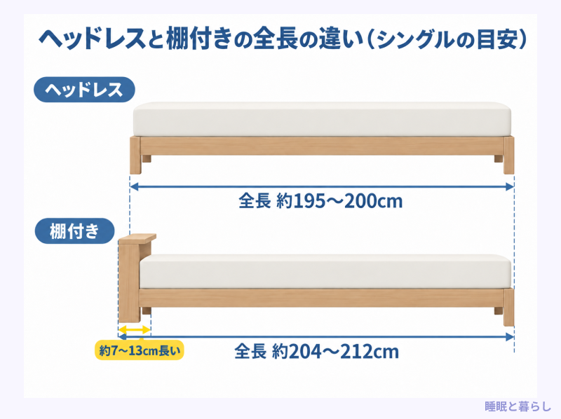 ヘッドレスベッドと棚付きベッドの全長の比較