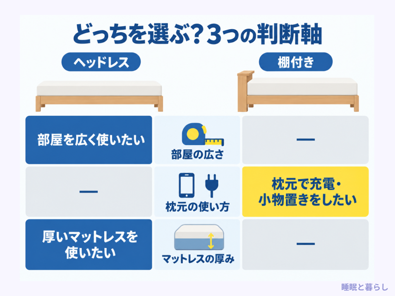 ヘッドレスベッドと棚付きベッドを選ぶ3つの判断軸