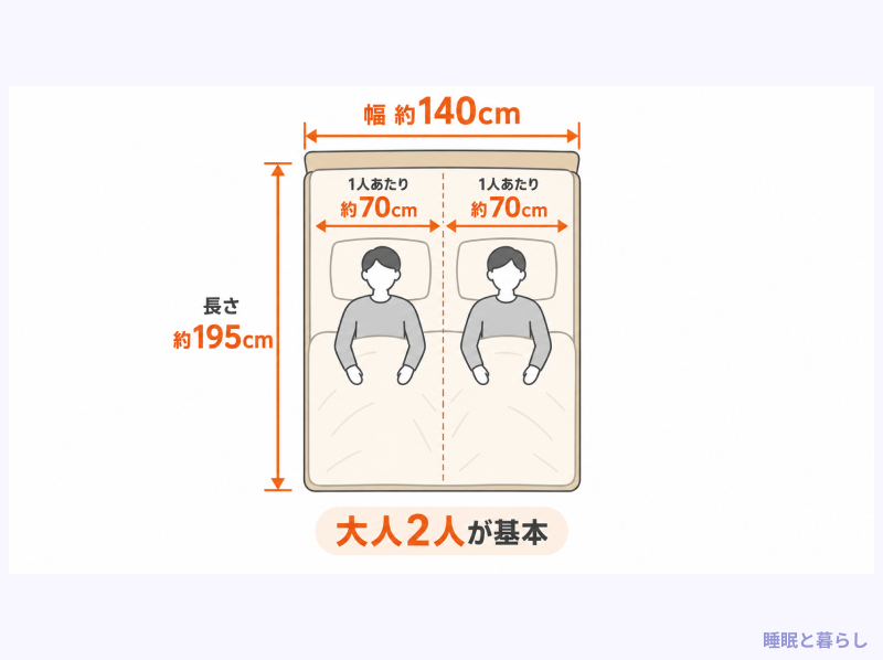 幅約140cmのダブルベッドを上から見て、大人2人が1人あたり約70cmずつ使う様子を示した図