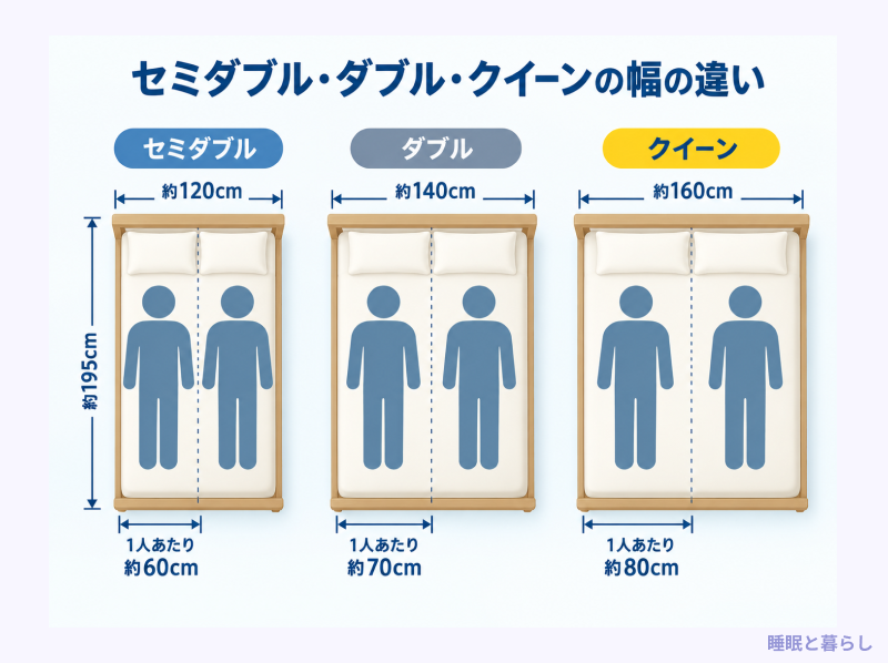セミダブル・ダブル・クイーンの幅の比較