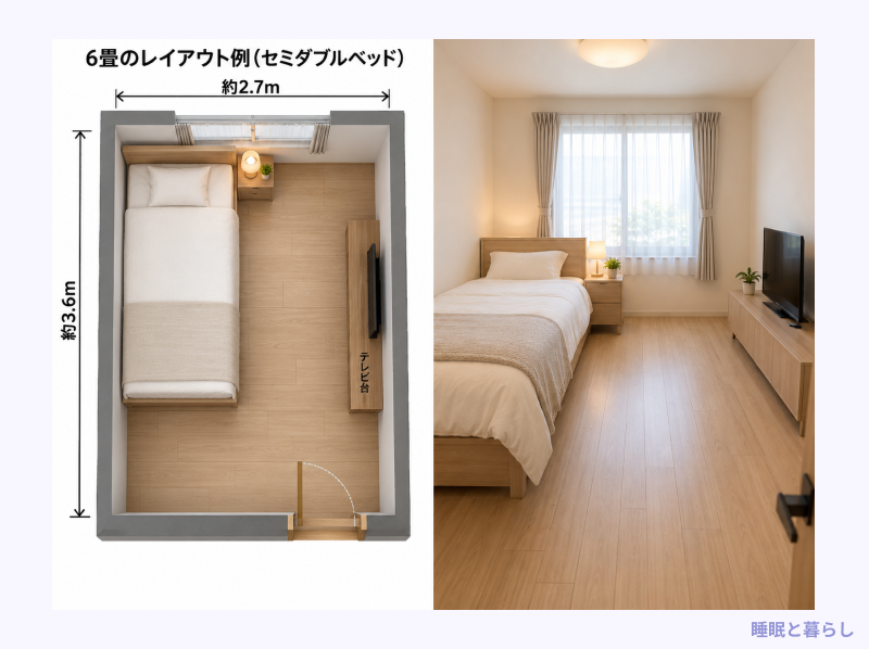 6畳にセミダブルベッドを置いた場合