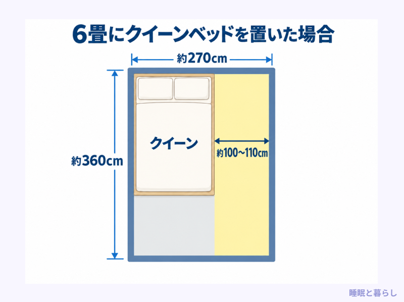 6畳にクイーンベッドを置いた場合