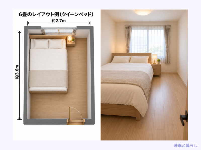 6畳にクイーンベッドを置いた場合