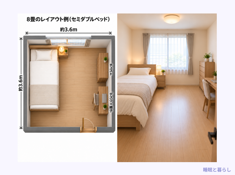 8畳にセミダブルベッドを置いた場合